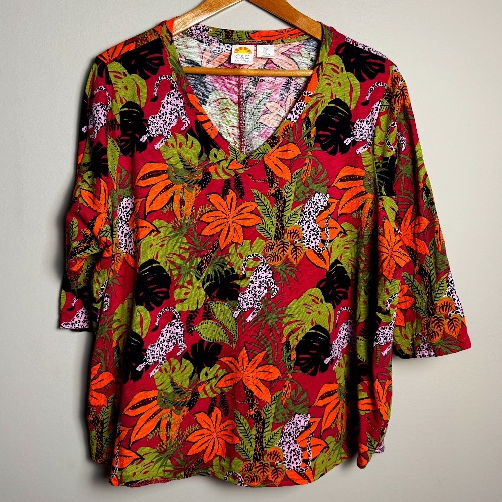 C&C California Women's Bright Safari‎ Jungle 3/4 Sleeve T-Shirt Top 3X V-Neck